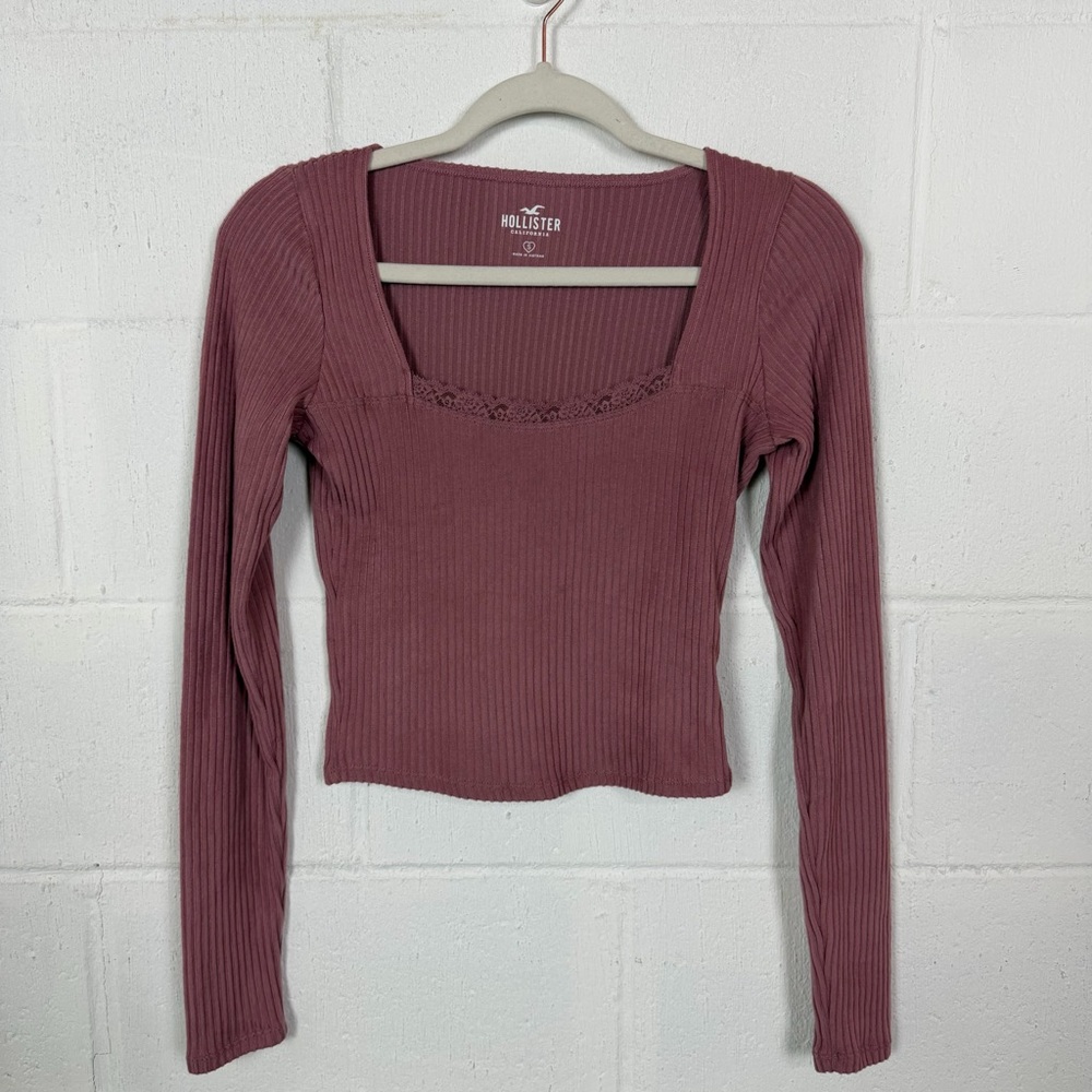 Hollister Pink Velvet Ribbed Crop Top Square Neck Lace Trim Coquette Romantic S‎